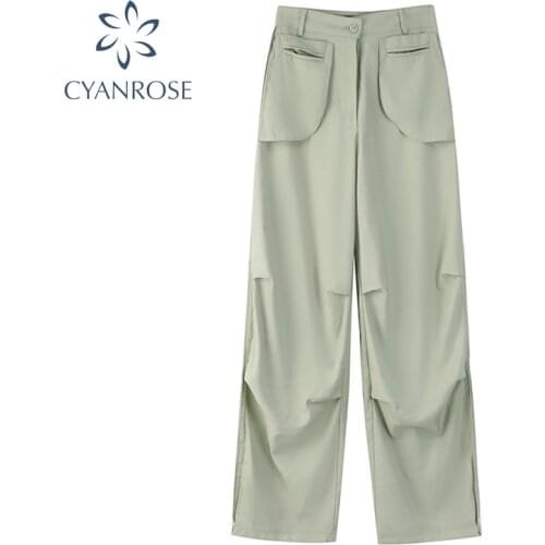 Womens Casual Pants Summer Thin Streetwear Style Chic Loose High Waist Tooling Long Trouser Female 2021 New Solid Wide Leg Pant