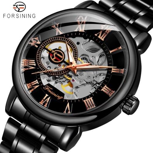 FORSINING Mens Mechanical Watch Fashion Luxury Hollow Watches Men Stainless Steel Hand Winding Wristwatches Waterproof Clock