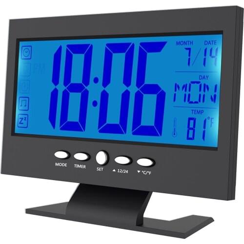 LCD Digital Time Alarm Clock Multifunction Snooze Calendar Temperature Night Display Sound-activated Table Clock