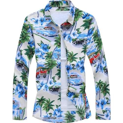 Men New autumn flower printed Long Sleeve Casual shirt Hawaiian style Holiday Party casual Slim Dress Flower shirt Chemise Homme