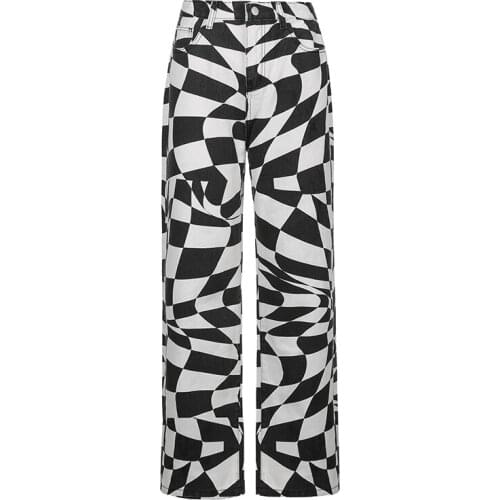 NEWDISCVRY Streetwear Irregular Plaid Print Jeans Aesthetic 90s Cute Denim Cargo Pants High Waist Fashion Trousers Cuteandpsycho