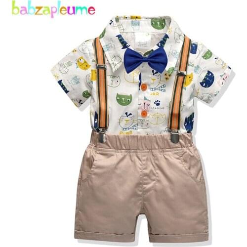 4Piece Baby Summer Outfits Kids Boys Clothes Fashion Cartoon Children T-shirt+Shorts+Bow+Straps Toddler Clothing Sets BC1535-1
