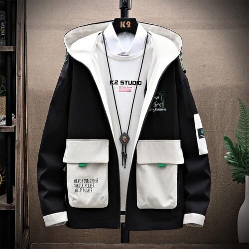 2021 Men Casual Hooded Jackets And Coats Silm Outwear Zipper Coats Patchwork Streetwear Hip Hop Mens Windbreaker Top Clothing