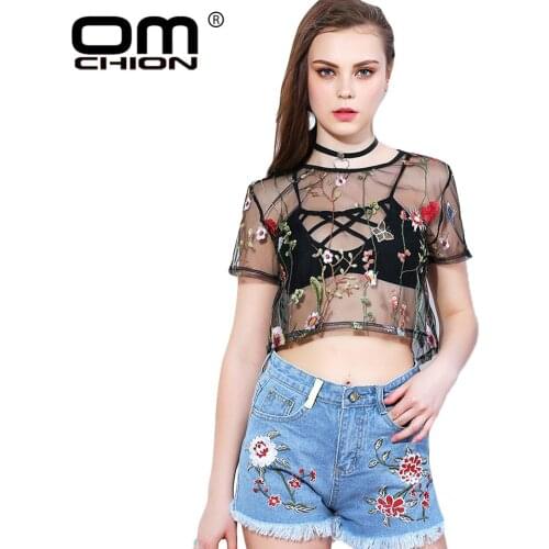 OMCHION New 2017 Black Sheer Short Sleeve T shirt Women Floral Embroidery Crop Top Sexy Mesh Tee Shirt Femme Summer Tops BTX14