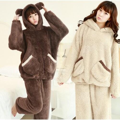 Autumn Winter Women homewear Suit Thick Warm Coral Flannel nightgown Female Cartoon Animal pajamas with hood