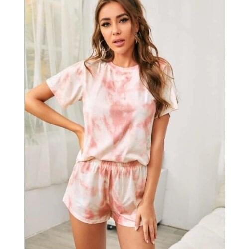 Women Casual Print Tie Dye Pajamas Two Piece Set Plus Size Loungewear 2021 New Stayhome Style Loose Homewear Blue Grey Clothing