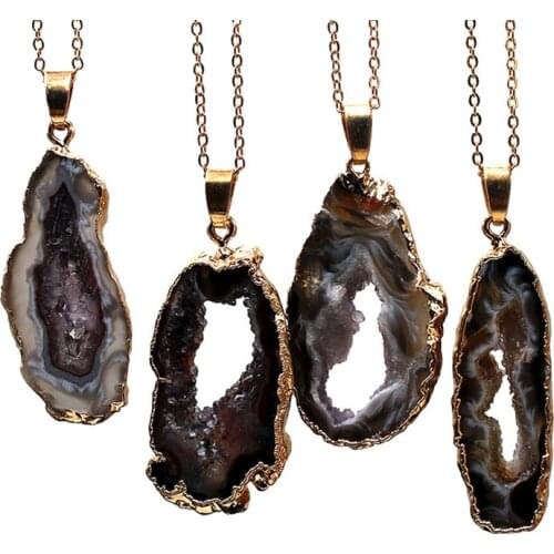 Irregualr Natural Agates Quartz with Energy Geode Druzy Pendant Necklace Healing Crystal Gold Plated Good Gift