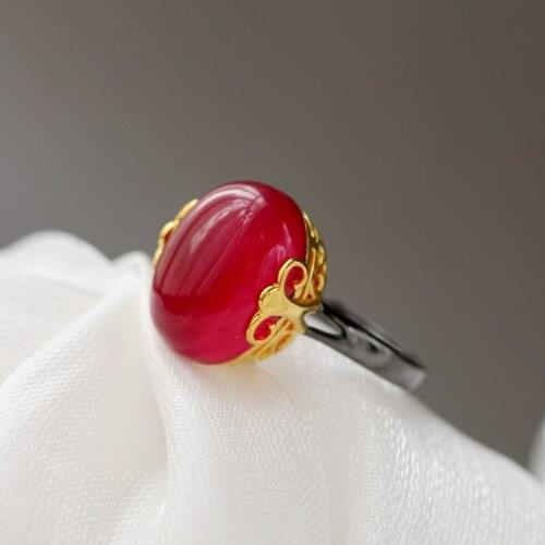 Authentic 925 Sterling Silver Rings Inlaid Artificial Ruby National Style Fashion Opening Adjustable Ring Fine Jewelry Gift