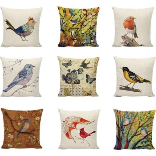 Retro Bird Cushion Cover 45*45 cm Linen Material Postmark Printing Pillowcase Farmhouse Home Sofa Makeup Chair Decor Accessories