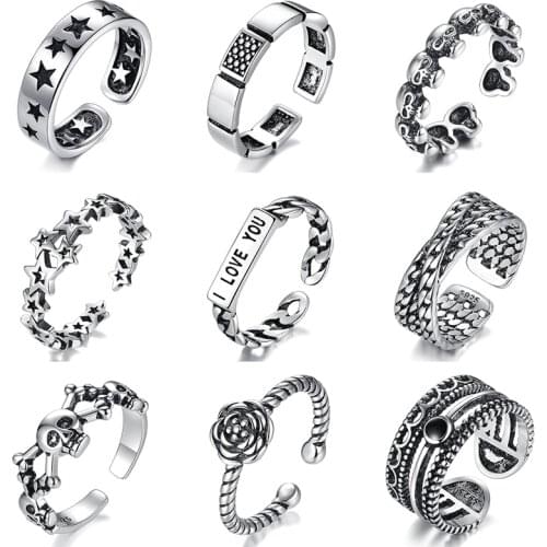 Luxury Vintage Thai Silver Color Adjustable Big Chunky Rings For Men Women Boho Black Letter Flower Star Jewelry S-R2180