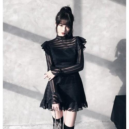 Ruibbit New Arrival Punk Gothic Retro Black Mini Dress Gothic Harajuku Bodycon Dress Mesh Long Sleeve Sexy Female Dresses Rock
