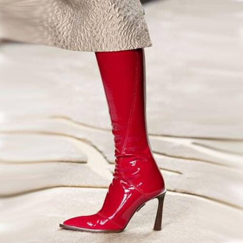 Thin High Heel Boots Mid-Calf Sexy Pointed Slim Patent Leather Sexy Pointed Toe Zipper Solid Boots Runway Women Shoes Winter
