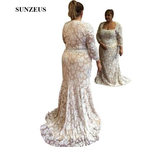 Vintage Lace Long Sleeve Mother Of The Bride Dress Mermaid Square Neckline Plus Size Women Wedding Party Gowns Elegant Robe