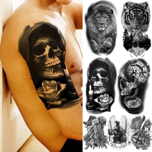 Large Rose Flower Skull Temporary Tattoos For Women Men skeleton Lion Tiger Knight Compass Fake Tattoo Sticker Arm Tatoos