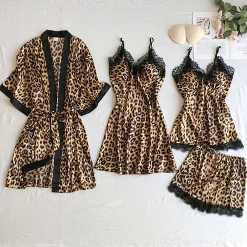 FZSLCYIYI Womens Leopard Pajamas Sexy Lace Trim Lingerie Nightwear Underwear Sleepwear 4PC Suit Homewear Female Pijama Mujer