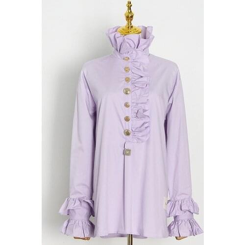 Women Purple Single-Breasted Shirt Design Stand-Up Collar Ruffles Flared Sleeves Elegant Office Ladies Summer Clothes