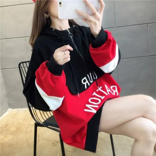 #2519 Autumn Spliced Color Harajuku Hoodies Sweatshirt Tops Pullovers Loose With Zipper Fashion Casual Hooded Sweatshirt Female