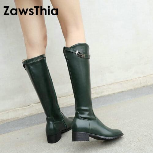 ZawsThia PU faux leather chunky square low heel shoes women green white riding equestrian cowboy woman boots girls winter boots