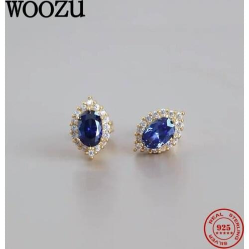 WOOZU Stud Earrings For Women14k Gold Plated 925 Sterling Silver Fashion Blue Pave Crystal Zircon Party Hip Hop Jewelry Gift