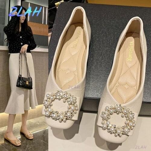 Womens Flat Shoes Zlah Fashion All-match Vamp Round Buckle Decoration Pearl Embellishment Cute Womens Single Shoes