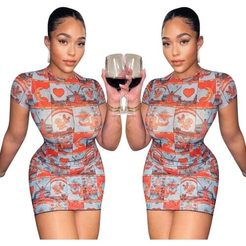 Women Sexy Mesh Short Sleeve O Neck Printed Mini Bodycon Dress