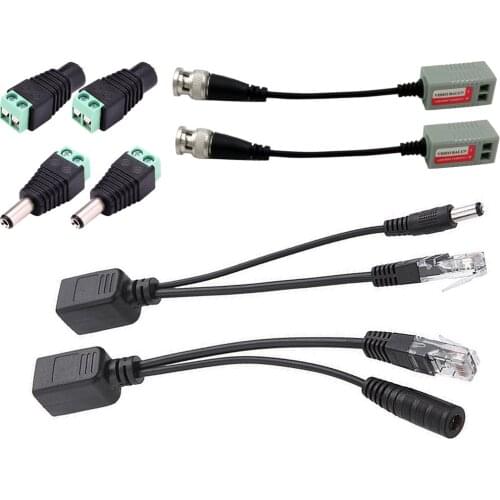 12V DC Male Female Plug Connector CCTV Power Cable 2.1 x 5.5mm+BNC Video Balun+ Ethernet PoE Adapter RJ45 Injector Splitter