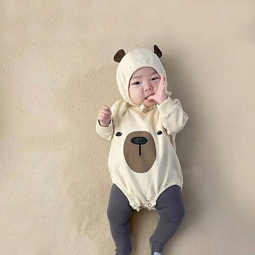 Korean Style 2Pcs Romper Sets Spring Fall Long Sleeve Cartoon Bear Jumpsuit Outwear+Newborn Baby Cap for Infant Boy Girl Clothes