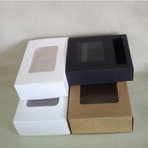 20pcs White/Black/Kraft Paper Drawer Boxes with PVC Window DIY Handmade Soap Craft Jewel Box for Wedding Party Gift Packaging
