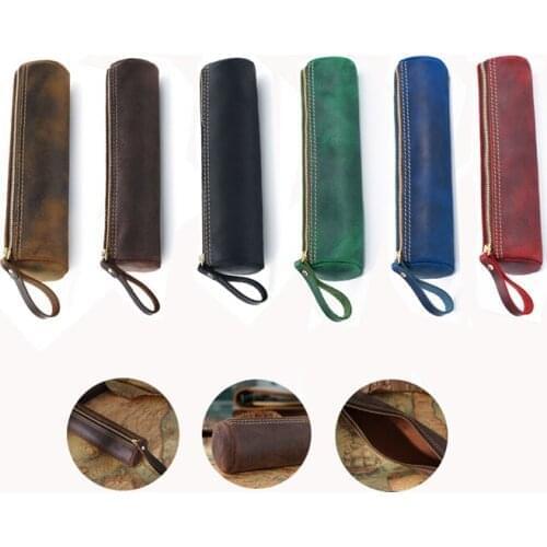 30Pcs Genuine Leather Pencil Pouch Handmade Vintage Retro Zipper Cowhide Pen Case School Office Stationery Bag Gift Wholesale K1