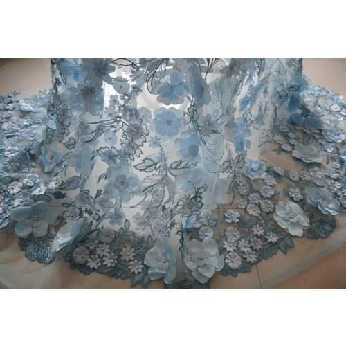 5 yards light blue 3D flowers sequins and beads lace fabric, 3D beaded mesh embroidered lace fabric with 3D florals