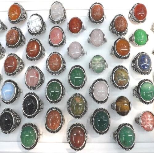 50pcs/Lot Vintage Big Natural Stone Rings Rose Quarts, Gold Sand Stone, Green Jadee, Opal Mixed Size