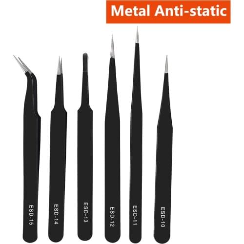 6Kinds of Anti-static ESD Stainless Steel Tweezers Maintenance Tools Industrial Precision Curved Straight Tweezers Repair Tools