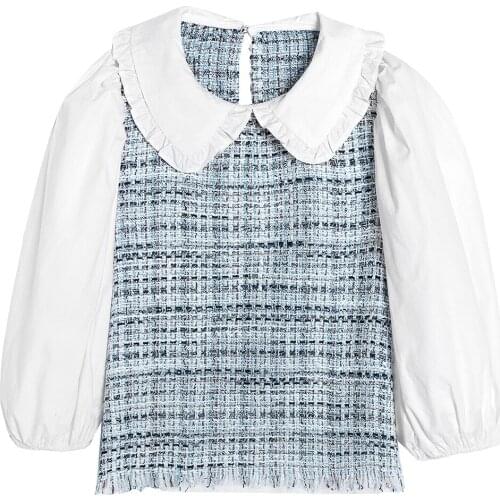 Women Kawaii Ruffles Blouse Za Sweet Plaid Short Puff Sleeve Cotton Shirts Women Fashion 2021 Casual Mujer Tops