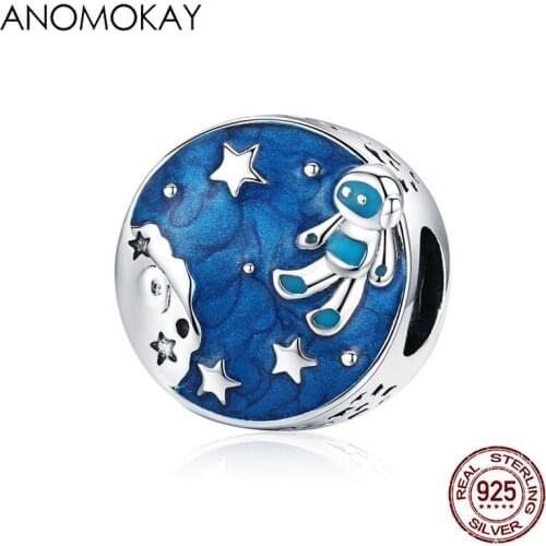 Anomokay 925 Sterling Silver Blue Enamel Round Galaxy Astronaut Bead Space Charm fit Brand S925 Silver 3mm Bead for DIY Bracelet
