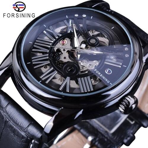 Forsining 2018 Fashion Full Black Openwork Watches Mens Mechanical Wristwatches Top Brand Luxury Genuine Leather Belt Male Clock