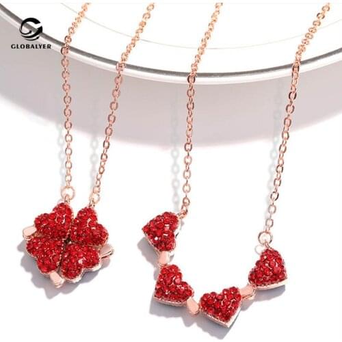 Korean version of four-leaf clover necklace Love split folding pendant Rose gold clavicle chain Full cystal red necklace 501