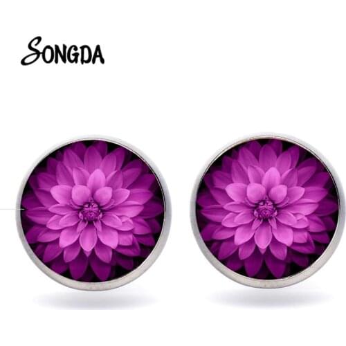 Red Mandala Bloom Earring Henna Yoga Lotus Flower Print Handmade Glass Dome Stud Earrings for Women Meditation Jewellery