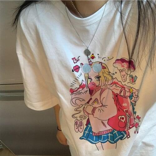 Summer new round neck T-shirt, Gothic Lolita style, cute anime pattern printing, plus size women T-shirt kpop Harajuku tops-tee