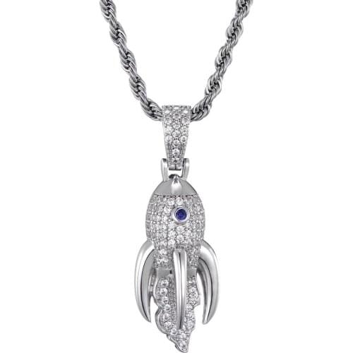Men Iced Out Bling Rocket Zircon Pendant Hip Hop Rock Gold Silver Color Jewelry Gift with Stainless Steel Chain Necklace