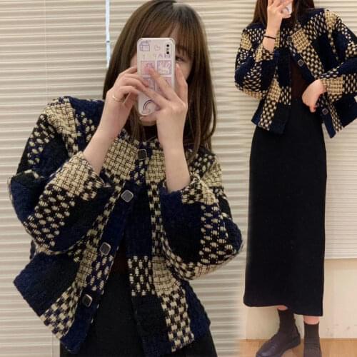 New Womens Plaid Jacket Female Vintage Short Coat