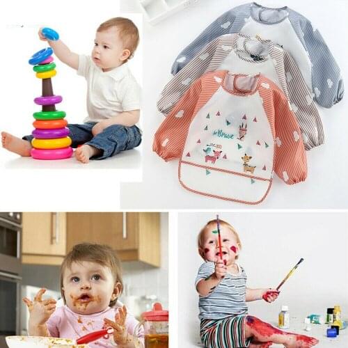 New Kids Toddler Long Sleeve Waterproof Baby Newborn Art Smock Feeding Bib Apron Pocket