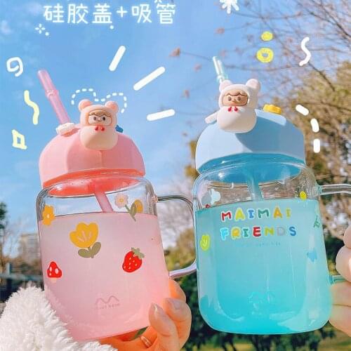 New Product Creative with Straw Glass Water Female Student Korean Cute Cartoon Portable Girl Heart Tea Juice Glass Water Cup