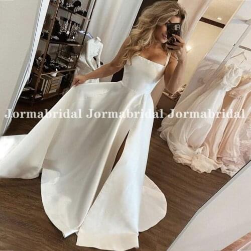 Simple Wedding Dresses Square Collar Spaghetti Strap Boho High Split Satin Long White Ivory Wedding Bridal Gown suknia slubna
