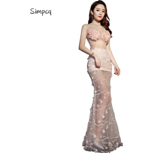 Simpcq 2018 Vestidos Charm See Through Flower Backless Elegant Mesh Sleeveless Maxi Dress Sexy Spring Autumn Evening Party Dress