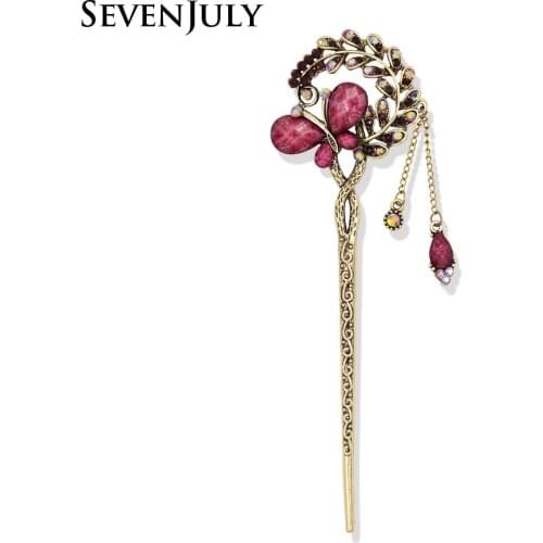 Anqitue Style Acrylic Butterfly Hair Stick Crystal Rhinestone Leaves Metal Chain Tassel Hair Jewelry Accessory