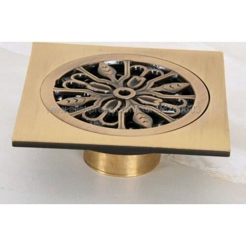 Drains 10 cm Square Antique Brass Shower Drain Hair Strainer Art Carved Bathroom Accessories Waste Grate Floor Drain Khr046