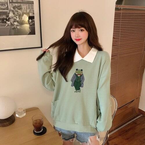 Japanese Frog Hoodie Harajuku Oversize Sweatshirt Cotton Women Soft Long Sleeve Hooded Kawaii Hoodie for Girls Pocket Tracksuit