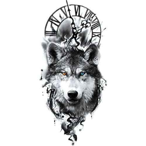 Wolf Orange Blue Eyes Waterproof Temporary Tattoo Sticker Black Clock Design Fake Tattoos Flash Tatoo Arm Body Art for Women Men