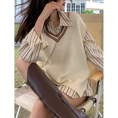 Loose Y2k Shirts 2 Piece Set Women Korea Fashion Vintage Knitted Vest + Long Sleeve Casual Striped Shirt Suit 2021 Autumn Button