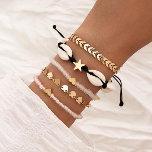 Boho Mixed Leaves Heart Star Link Chain Bracelet Geometric Crystal Beads Pentagram Shell Multi-layer Bracelet Women Wholesale